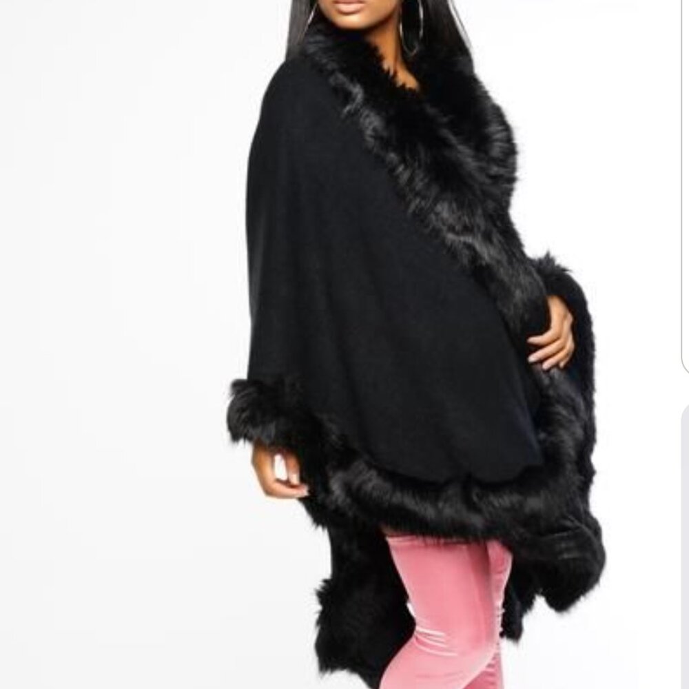Faux Fur Trim Cardigan Cloak Shawl Wraps Winter Poncho Oversized Cape. NWOT